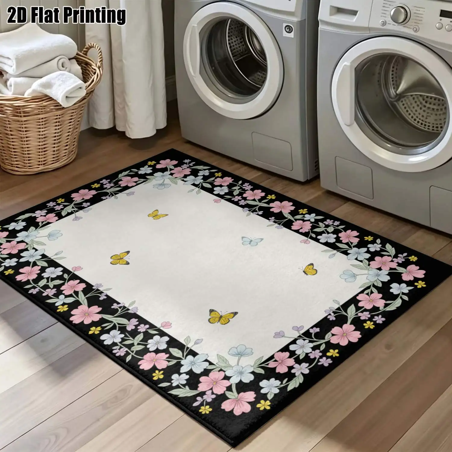 1Pc 2D Printed Carpet: Pink Flower & Butterfly Border, Nordic/Instagram/Modern Minimalist/Vintage Geometric Striped Style, Machine Washable, Multi-Size, Suitable for Home Decor Such as Entryway, Dining Room, Foyer, Bedroom, Living Room Mats