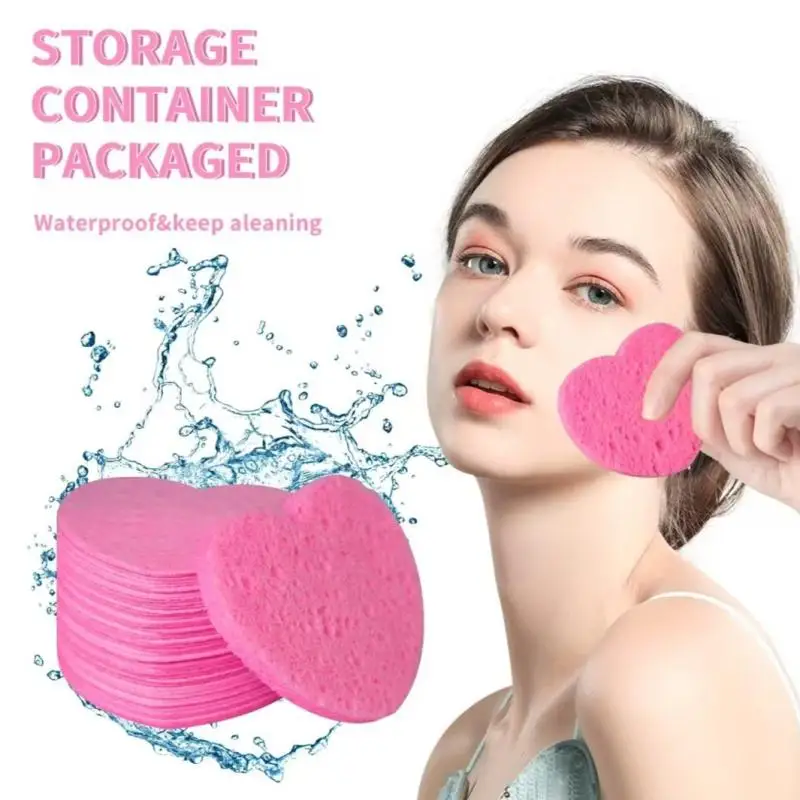Esponja de pulpa de madera Natural con forma de corazón, compresa de celulosa, esponja cosmética para lavado Facial, cuidado de la cara, herramienta removedora de maquillaje limpia, 10/50 Uds.