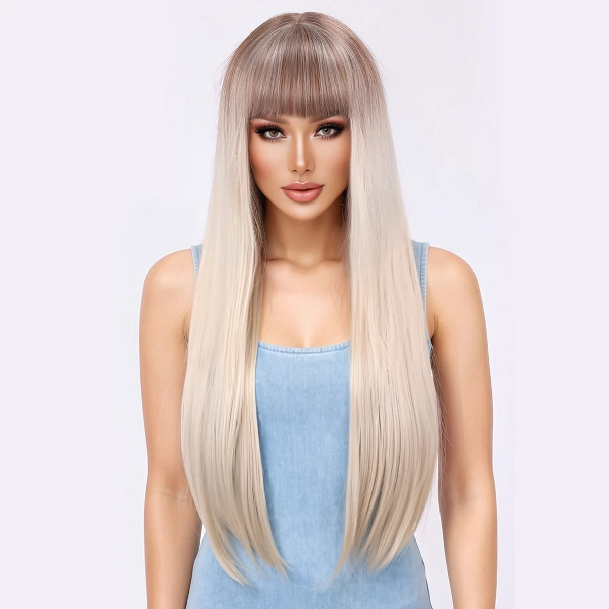 Cross border foreign trade hot selling golden wig with bangs, long straight hair, daily wig, full head cover