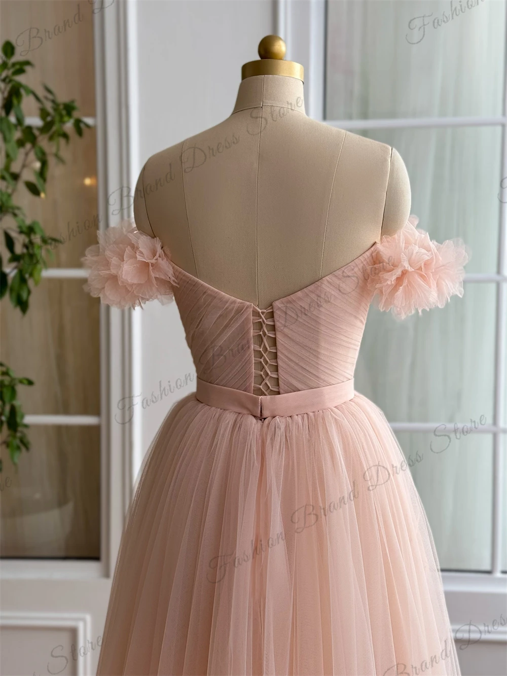 Tulle Off-the-shoulder Strapless 3D Flower Cocktail Dresses Pleated Corset Graduation Gowns A-Line Tea-length Homecoming Gowns