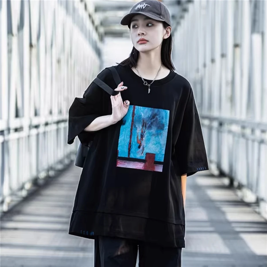 Men Canvas Print T-Shirt Streetwear Hip Hop Punk Y2k Short Sleeve TShirt Men Harajuku Vintage Loose Casual Cotton Tees Tops Male