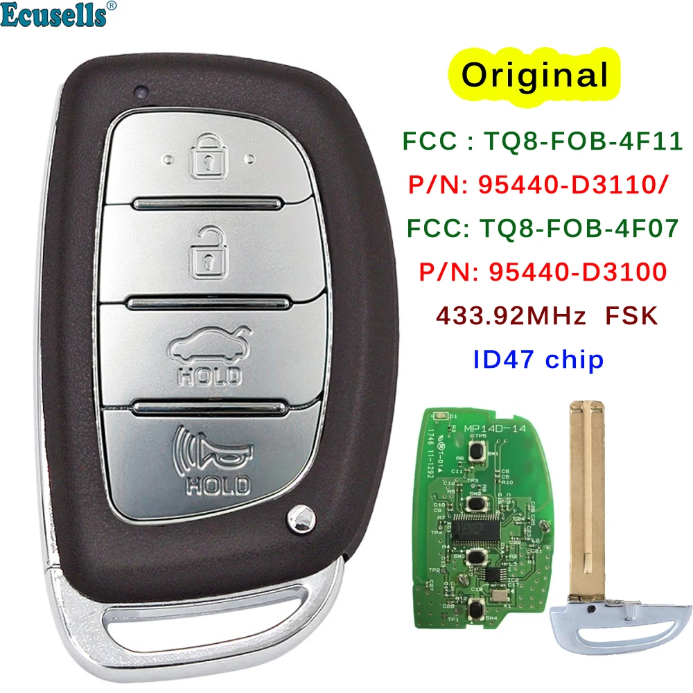 

Ecusells 4 Button Smart Remote Key Fob 433.92MHz ID47 Chip For Hyundai Tucson 2016 2017 2018 2019 2020 95440-D3110 / 95440-D3100