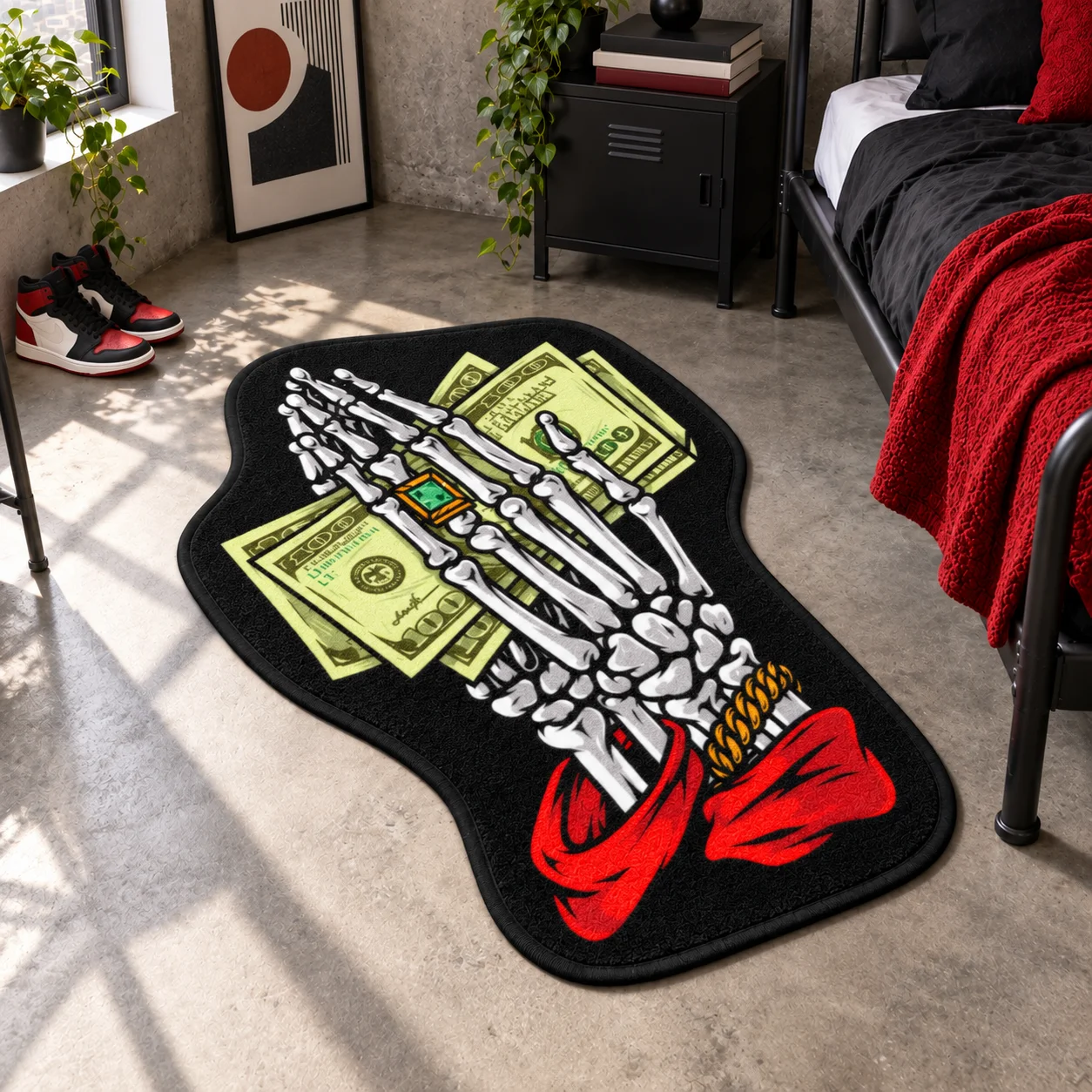 Skeleton Hand Holding Money Shaped Area Rug, Gothic Cash Novelty Floor Mat For Bedroom, Game Room, Dorm, Studio Decor And Gifts