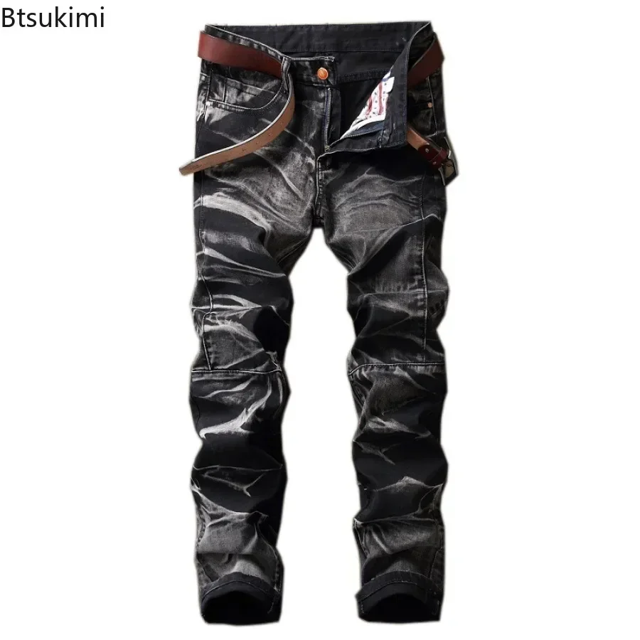 2025 Men's Fashion Vintage Jeans Slim Straight Leg Tie Dye Pleated Biker Denim Pants Male Casual Pants Oversized 42 High Quality