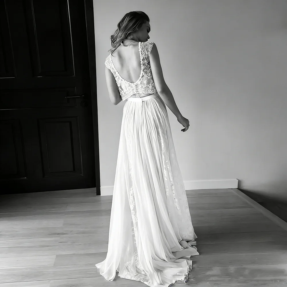 Beach Boho Wedding Gowns Two Piece Sweetheart Sleeveless Low Back Pearls Beading Lace Chiffon Bohemian Wedding Bridai Dress