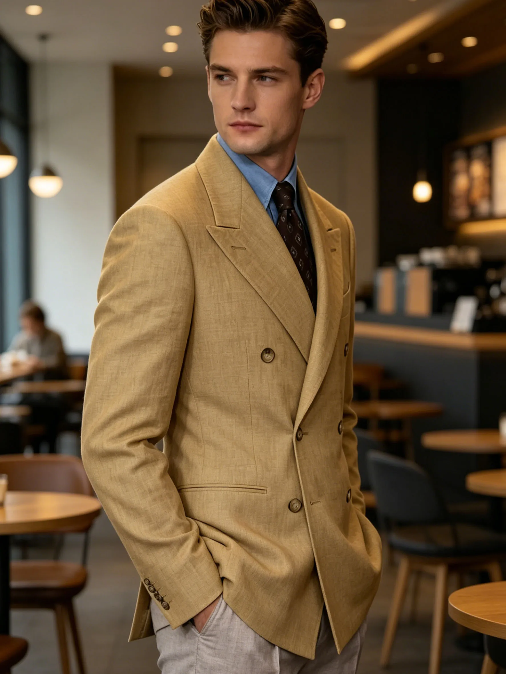 Men's Cotton Linen Blend Blazer Double Breasted Lightweight Breathable Wrinkle Resistant Jacket Casual Sport Coat For Beach image 5