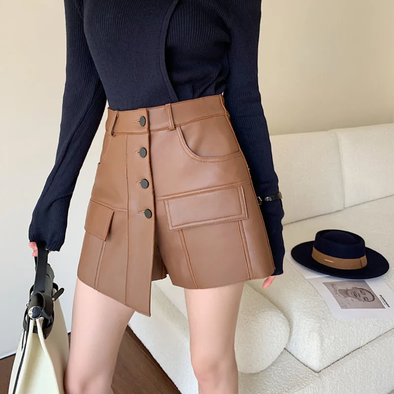 2023 Genuine Leather Pants Women's Autumn New High waisted Fashion Versatile Single Breasted A-line Irregular Sheepskin Shorts S