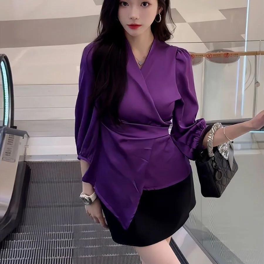 

Slim Fit V-Neck Silk Shirt Women's Spring Autumn Belted Waist Design Sense Personality Shirt Casual Style Comfortable Breathable