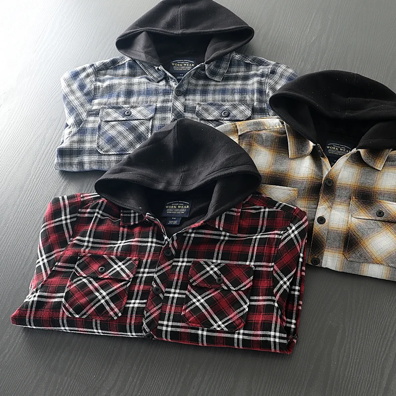 

Brushed Washed Plaid Spring Men's Hooded Long Sleeved Plaid Shirt Jacket Outdoor Travel Camping Skateboarding Sports Clothing