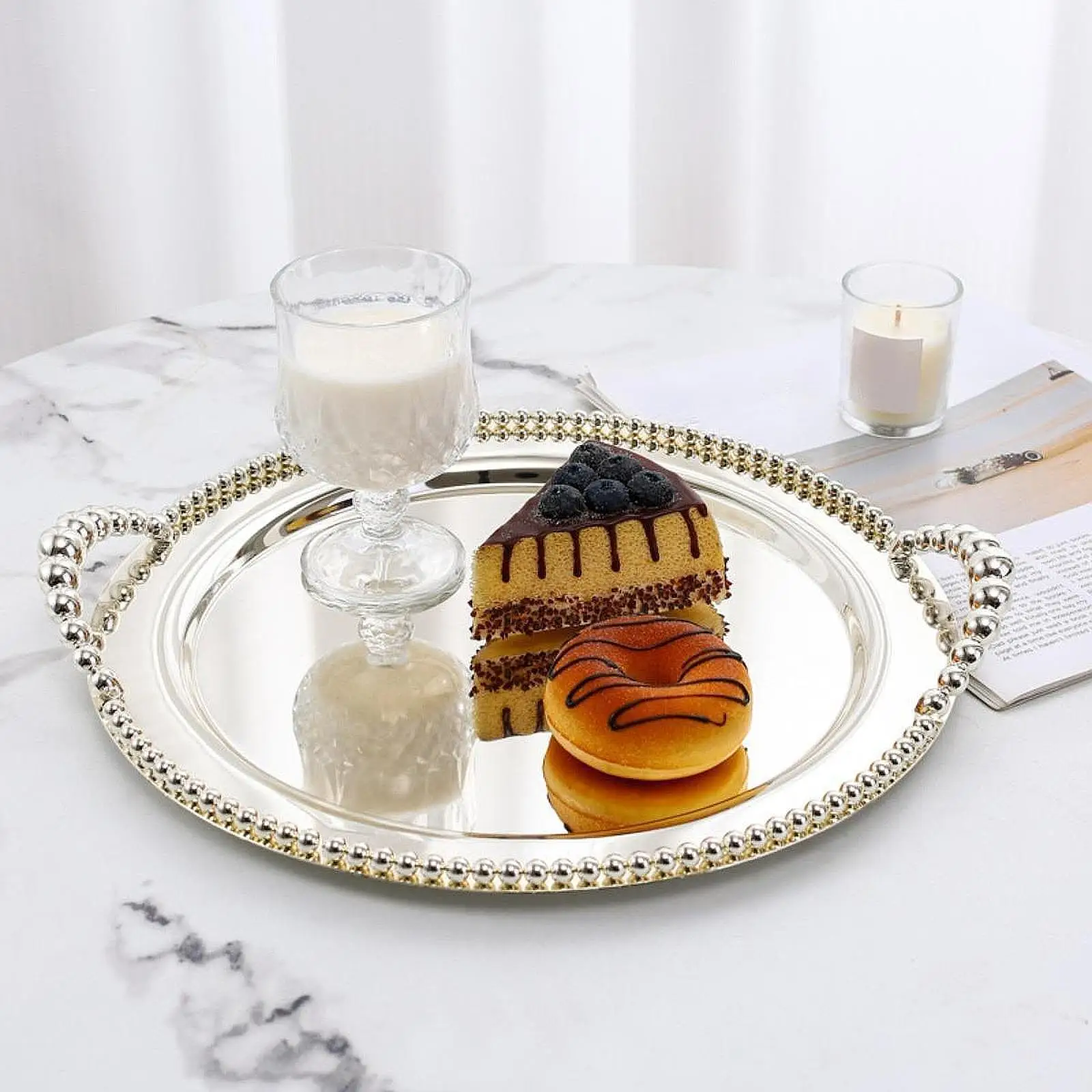 

Serving Tray Round Tabletop Decor Desk Organizer for Jewelry Dessert Cupcake