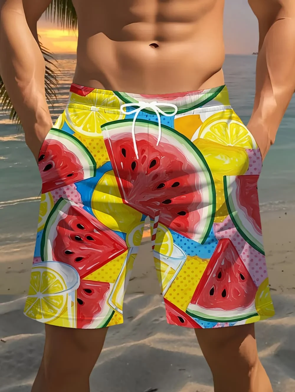 Summer Cartoon Fruits Graphic Swim Trunks for Men Fashion Beach Vacation 3D Printed Hawaiian Short Pants Loose Breathable Shorts