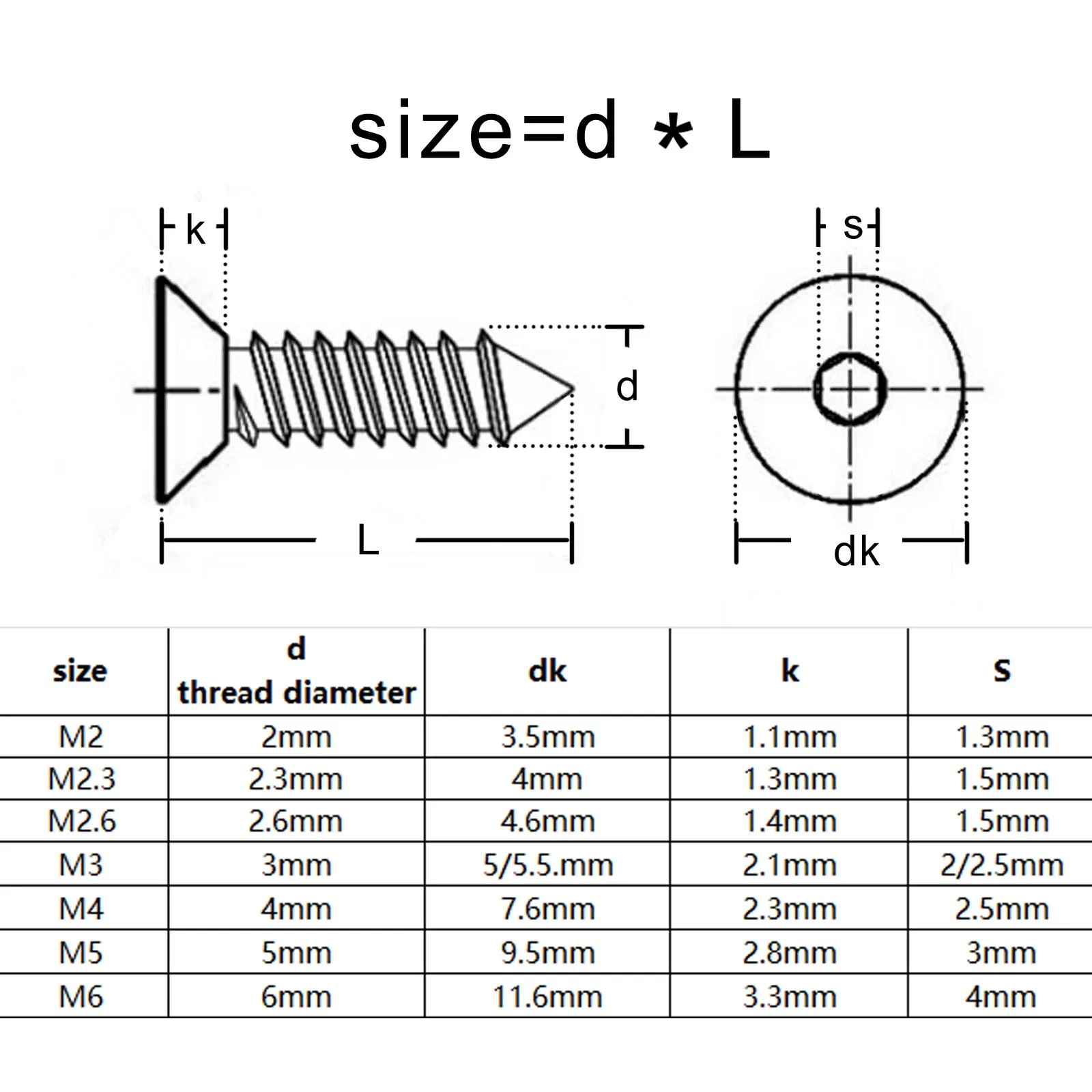 M2 M2.3 M2.6 M3 M4 M5 M6 ألين مسدس عرافة المقبس شقة غاطسة رئيس الذاتي التنصت مسمار خشب A2-70 304 الفولاذ المقاوم للصدأ #6