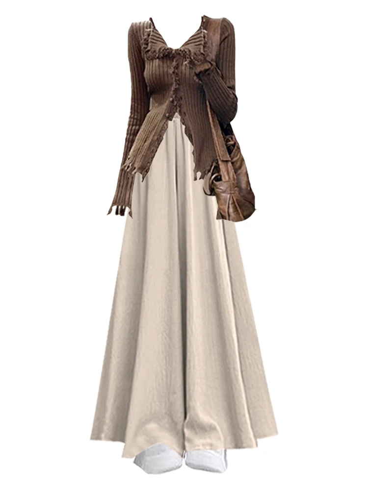 Herbstliches Lazy Sle Damen-Strickoberteil in Kaffeefarben und lässige Rockhose mit hoher Taille, erschwingliches und bequemes Ensemble