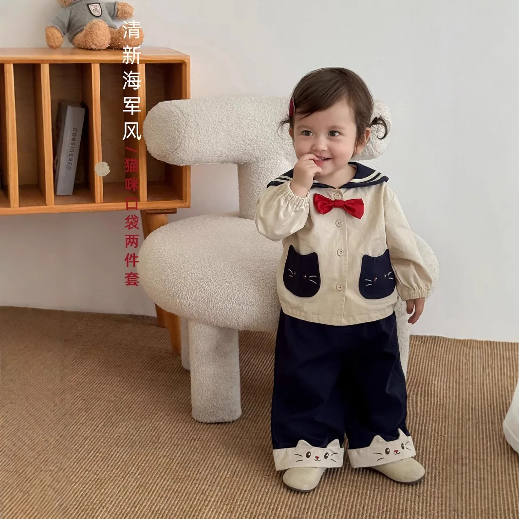 

Girl's Cat Coat 2025 New Autumn Baby Navy Style Contrasting Color Top, Stylish Korean Version Spliced Casual Pants