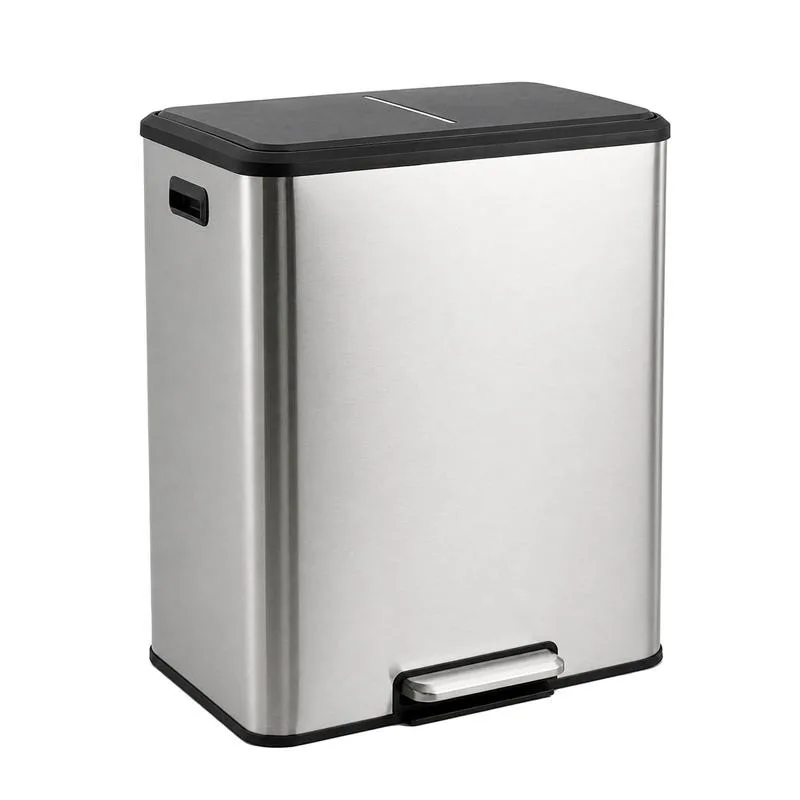 60L/16 Gallon Dual Compartment Kitchen Trash Can, Rectangular Stainless Steel Garbage Can with Foot Pedal, Removable Inner Buckets and Side Handles for Waste Sorting, Recycling Bin for Kitchen, Silver