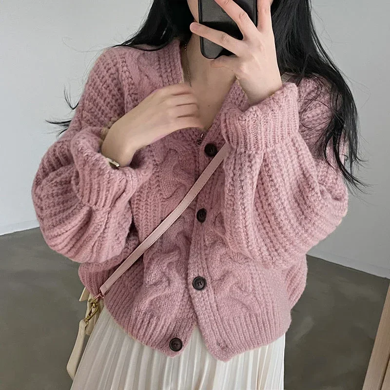 ABRINI Women Fall Loose Sweater Casual V-Neck Cardigan Sweater Button Up Knit Short Jacket Winter Warm Sweet Long Sleeved Coat