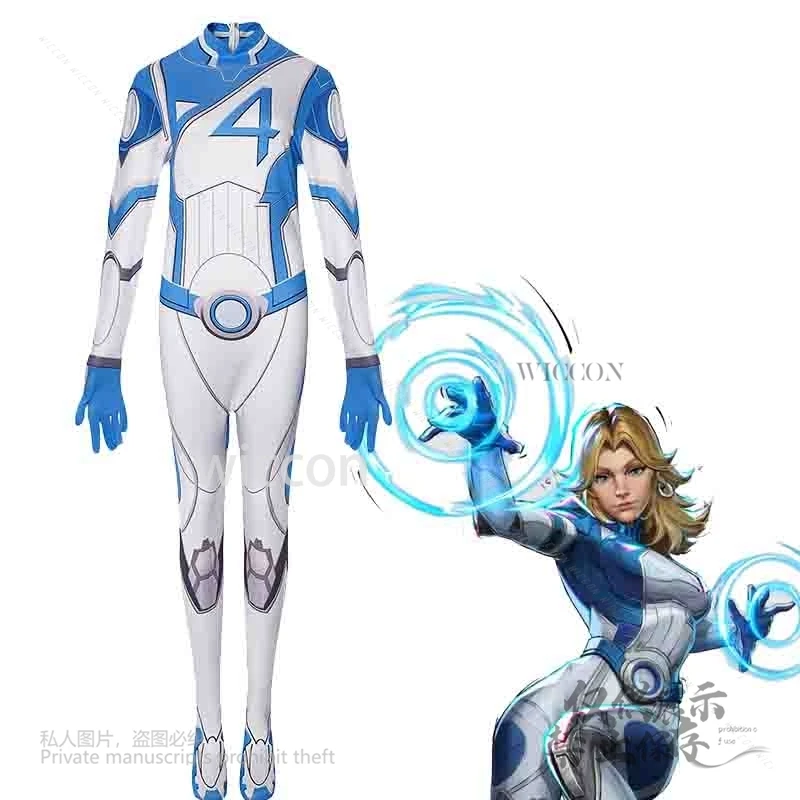 เกมMv Rivalsที่มองไม่เห็นคอสเพลย์ปาร์ตี้ฮาโลวีนแฟนซีเซ็กซี่ผู้หญิงJumpsuit Susan Stormเครื่องแบบRichards Zentaiผู้หญิงชุด