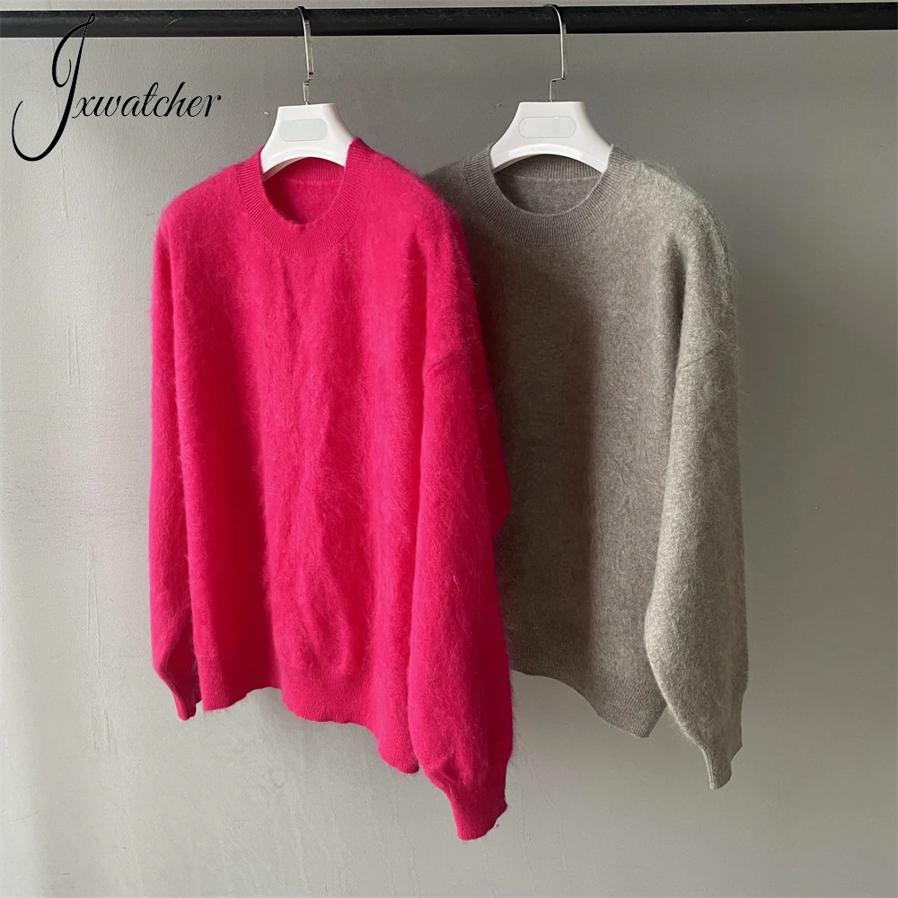 

Jxwatcher Fluffy Cashmere Sweater for Women High-end O Neck Cashmere Knit Tops Ladies Fall Soft Pullover Spring Knitwear Female