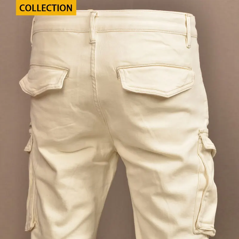 Street Fashion Men Jeans Beige White Stretch Slim Fit Hip Hop Biker Jeans Men Pockets Designer Casual Denim Cargo Pants Hombre