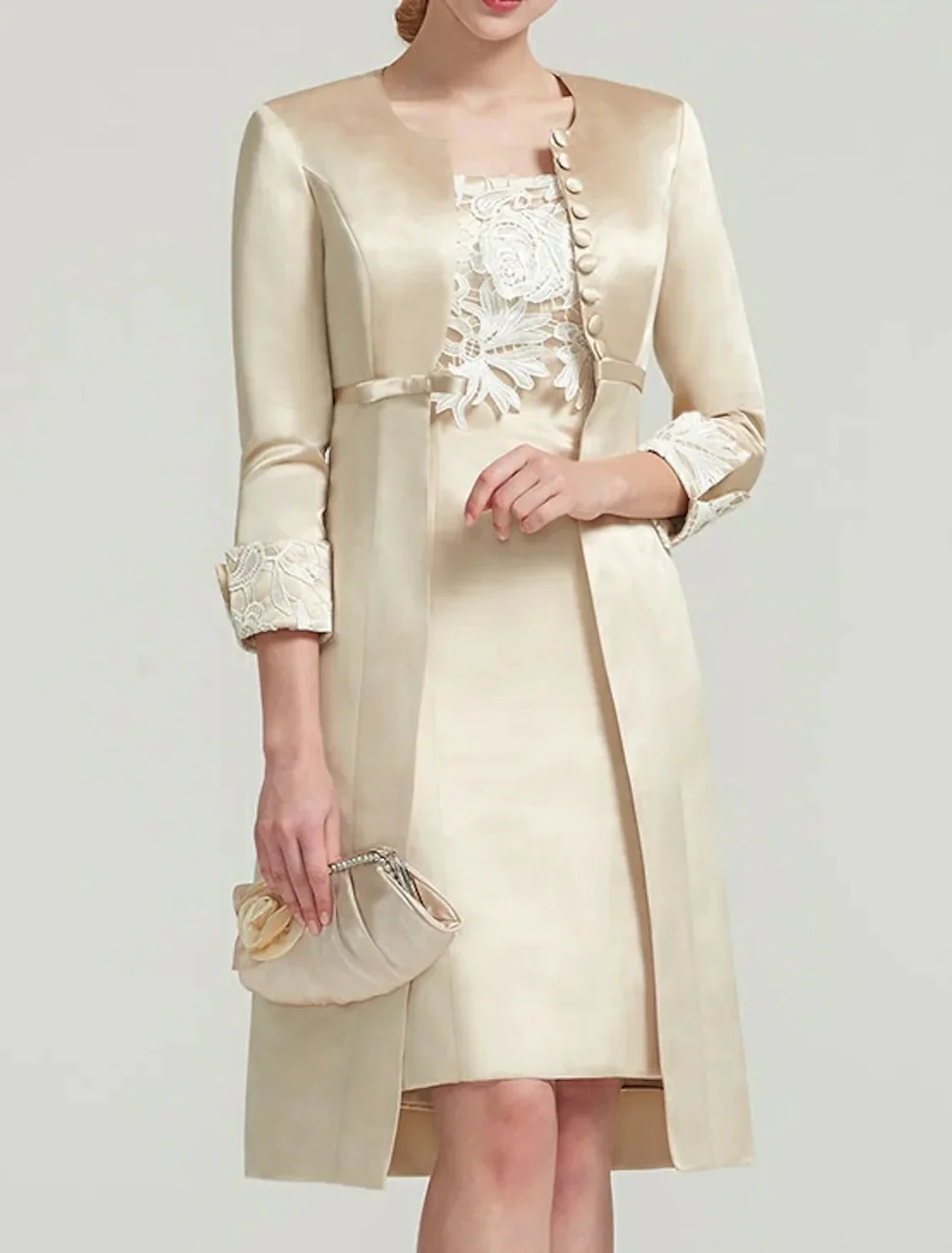 

2026 Champagne Sheath Mother of the Bride Dress With Jacket Jewel Lace Appliques Knee Length Satin Wedding Guest Party Gowns