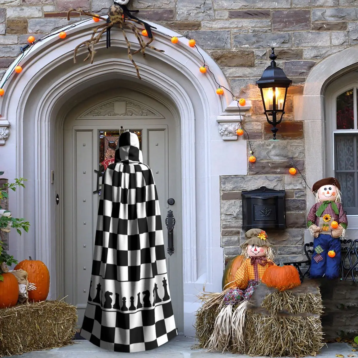 Scacchiera Griglia in bianco e nero Mantello lungo con cappuccio a quadretti Costume medievale da strega Mantello cosplay HalloweenVampiro Adulto unisex