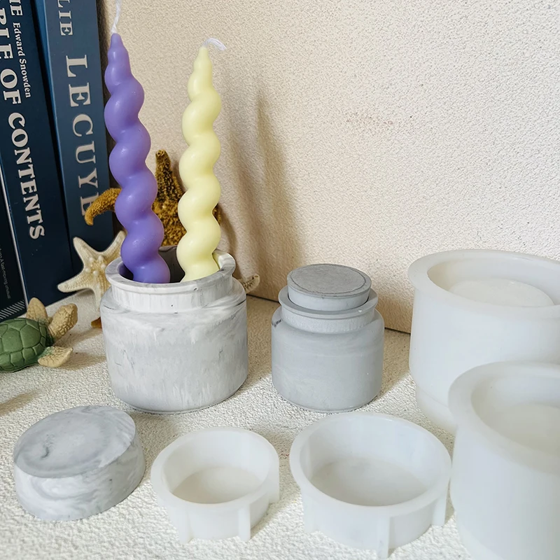 Cement Candle Jar Silicone Mold With Lid DIY Round Plant Pot Candle Vessel Storage Box Vase Mould Plaster Resin Molds Home Decor