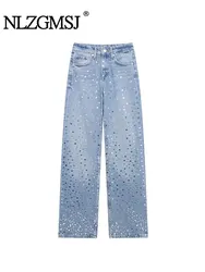 TRAF Casual Versatile Women's Jeans High Waist Straight Sequin Wide Leg Denim Pants 2024 Autumn New Fashion