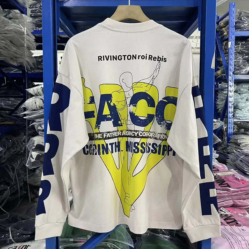 جميع المواسم خمر الاسمنت الأبيض قاعدة RRR 123 تي شيرت الرجال النساء خطابات شعار الكتابة على الجدران RRR123 بأكمام طويلة تي شيرت المتضخم المحملة