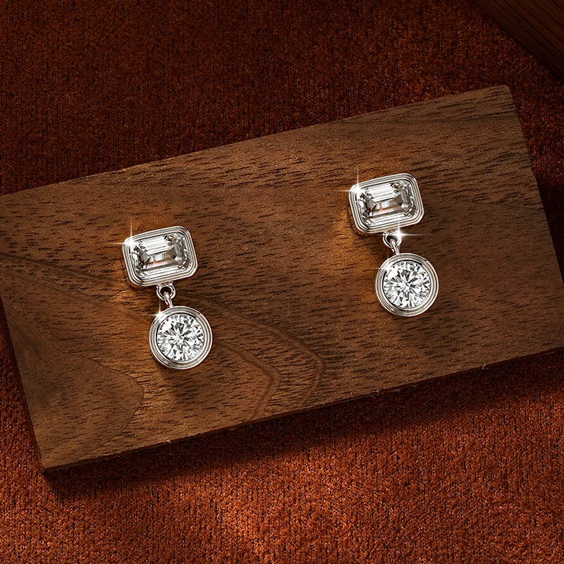 Rrjzz 5 mm runder Moissanit-Ohrring mit 4 x 6 mm Smaragdschliff, kubischer Zirkonia, Verlobungs-Ohrstecker für Frauen, baumelnde Ohrringe, Schmuck, Geschenke – Detail 5