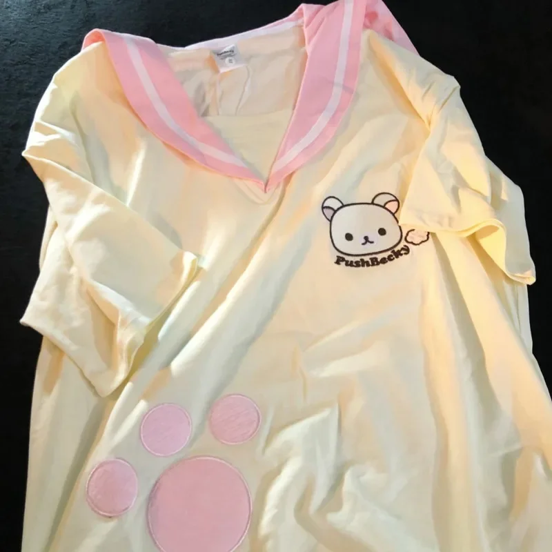 Rilakkuma Embroidered Sailor Uniform Japanese Kawaii Girl Sailor Uniform Fashion Cotton Short-Sleeved T-Shirt Casual Loose Top