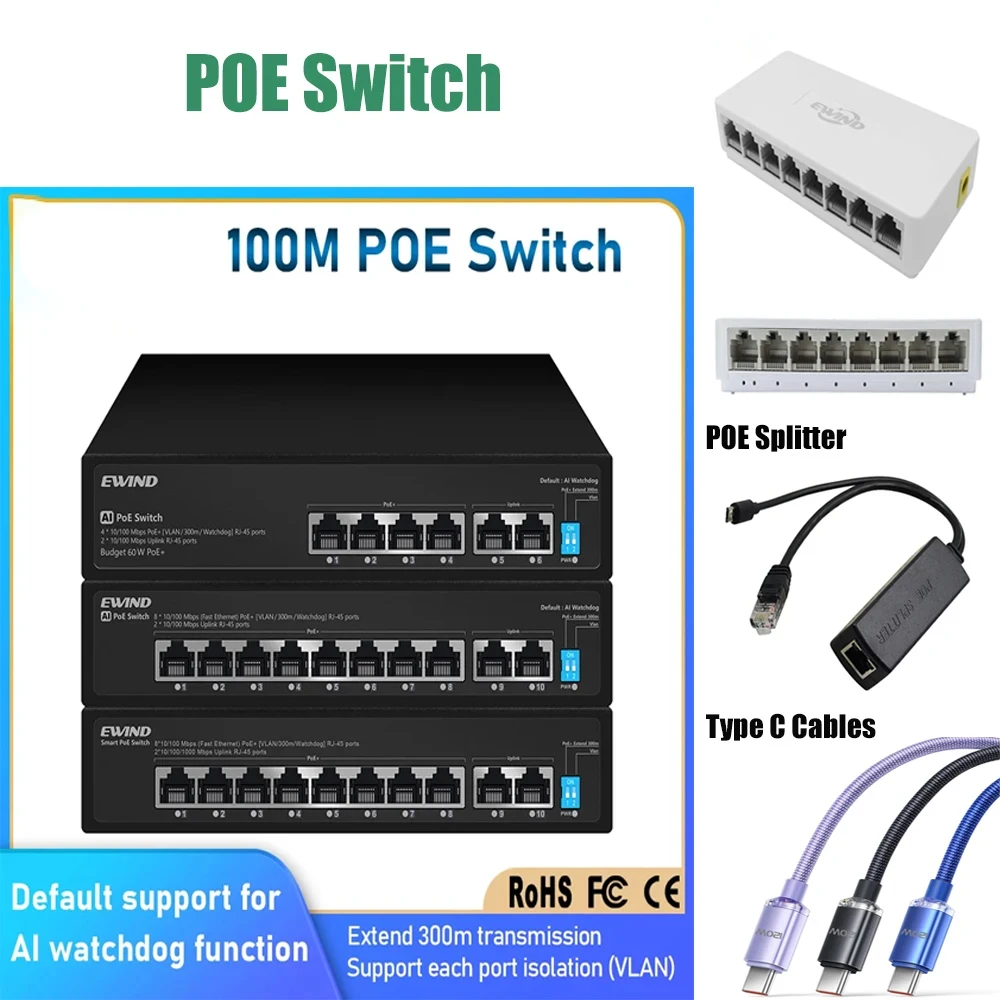 POE Switch 6 Port,Type C Cable gigabit poe splitter Active POE for IP Cameras, Wireless AP Switch, Gigabit IEEE 802.3 AF/AT