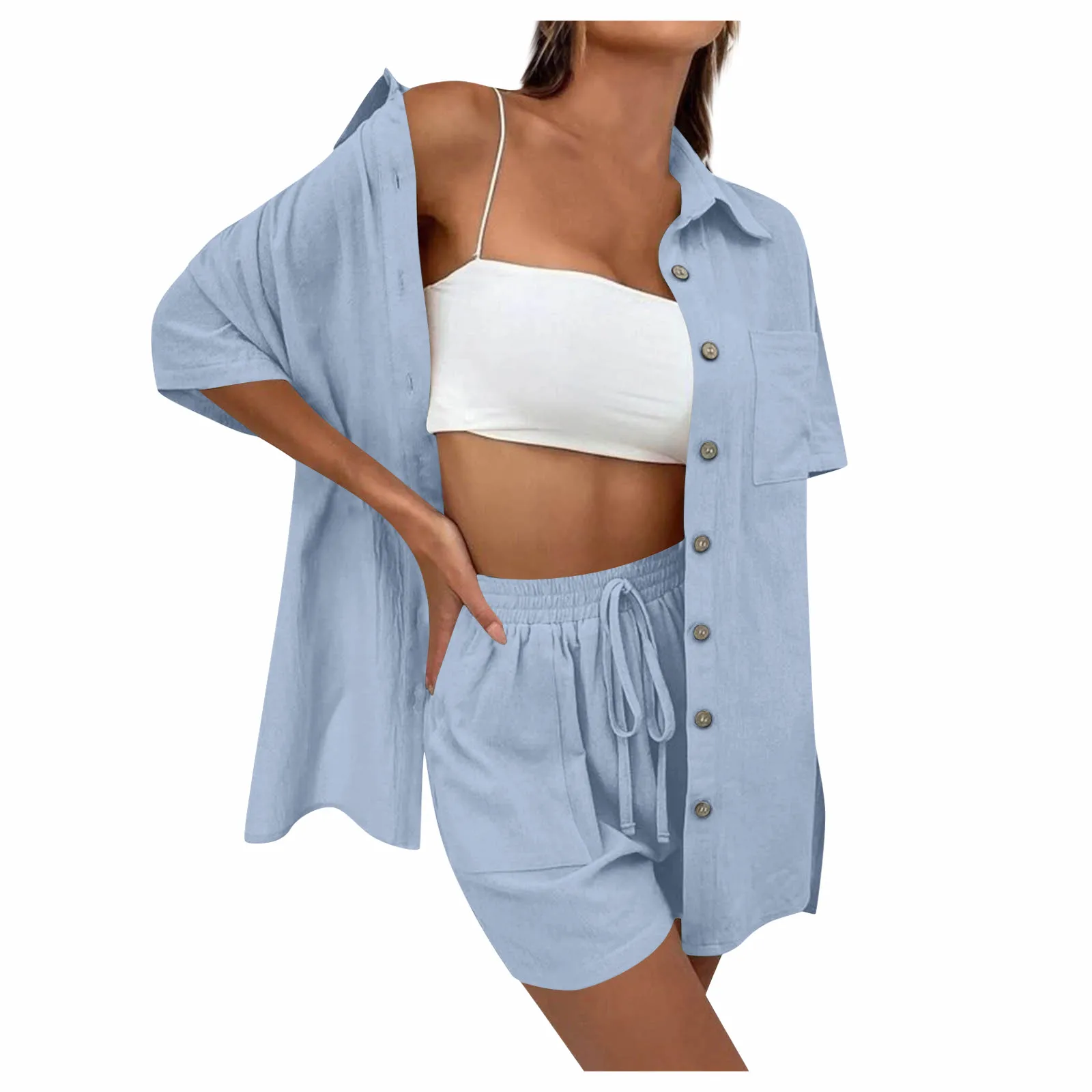 طقم قميص وشورت بأكمام قصيرة وأزرار للنساء ، قمم غير رسمية ، ربطة عنق مرنة ، جيب أمامي ، صلب ، الصيف ، 2