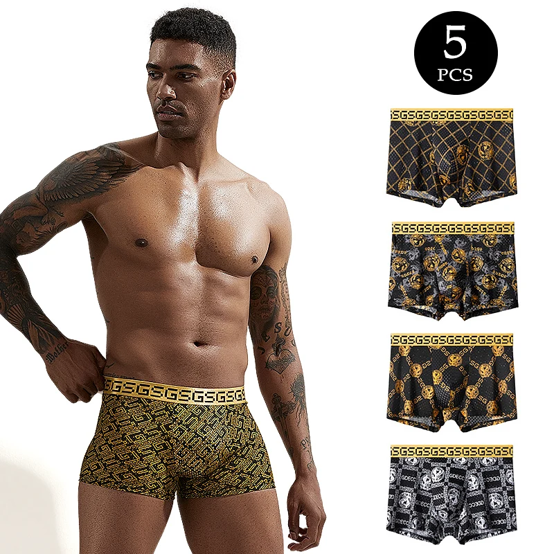 

5-pieces set of high luxury black gold breathable and comfortable ice silk mesh men's flat corner short underwear