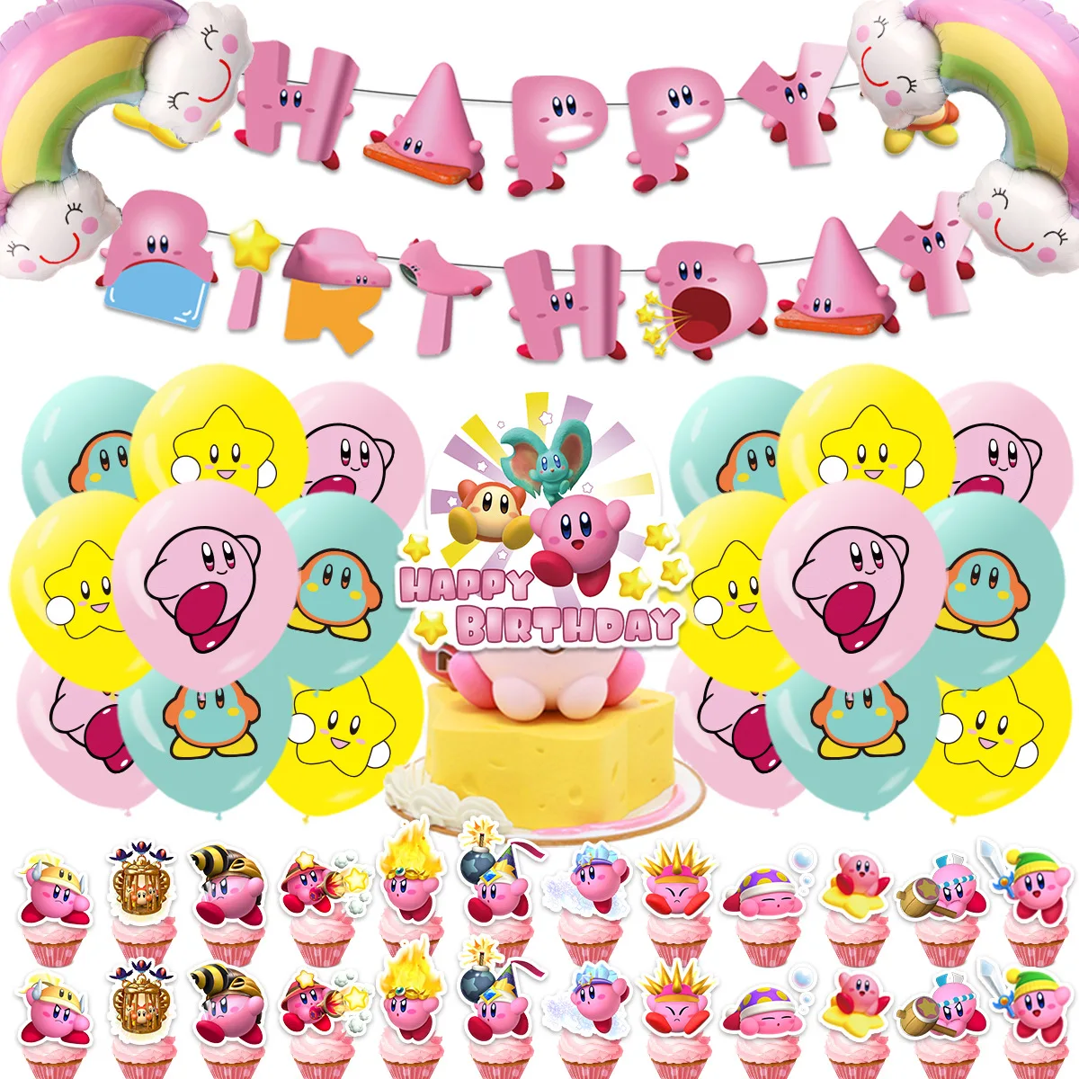 Kirby thema verjaardagsfeestje decoraties cartoon huishoudelijke artikelen hangende vlaggen ballonnen set