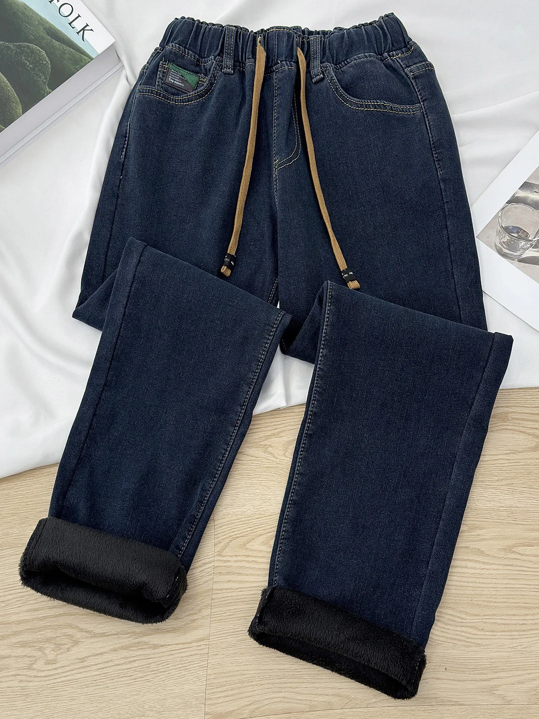 

Прямые джинсы с подкладкой Fce, женские зимние джинсы с высокой талией и эластичной резинкой на талии, большие размеры, утягивающие джинсы больших размеров