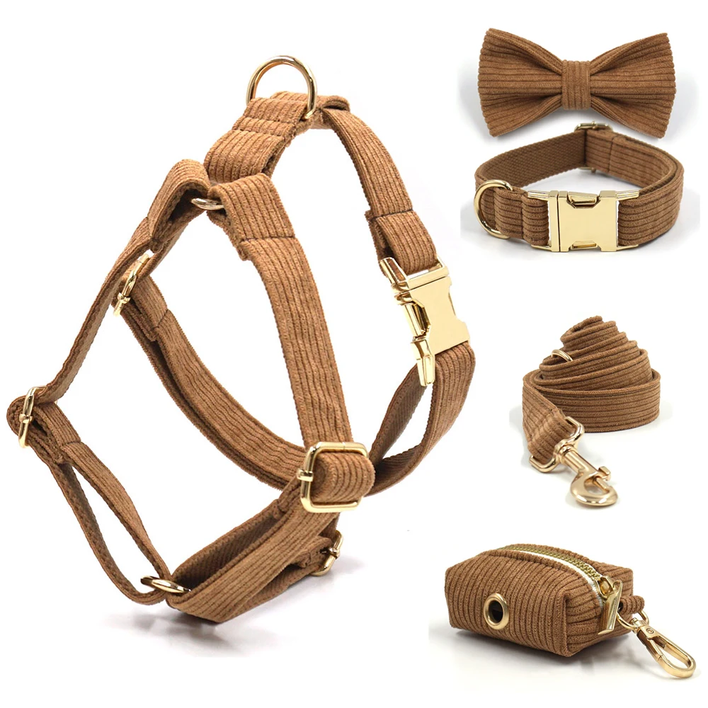 Brown Corduroy Dog Harness and Leash Set Luxury Designer Personalized Collar for Small Large Dogs Walking Lead Set with Poop Bag