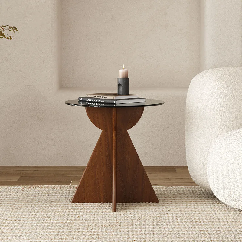 

Loft light edge table modern simple small coffee table tempered glass solid wood round table side cabinet living room sof