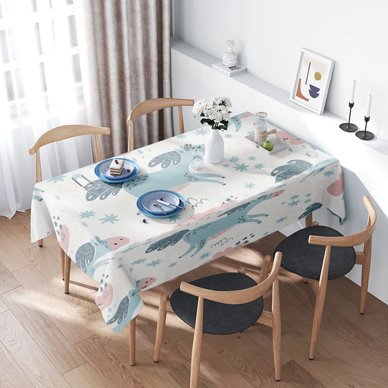 Mantel de comedor nórdico moderno, cubierta de mesa Reversible de lino y algodón con estampado de unicornio azul y rosa para