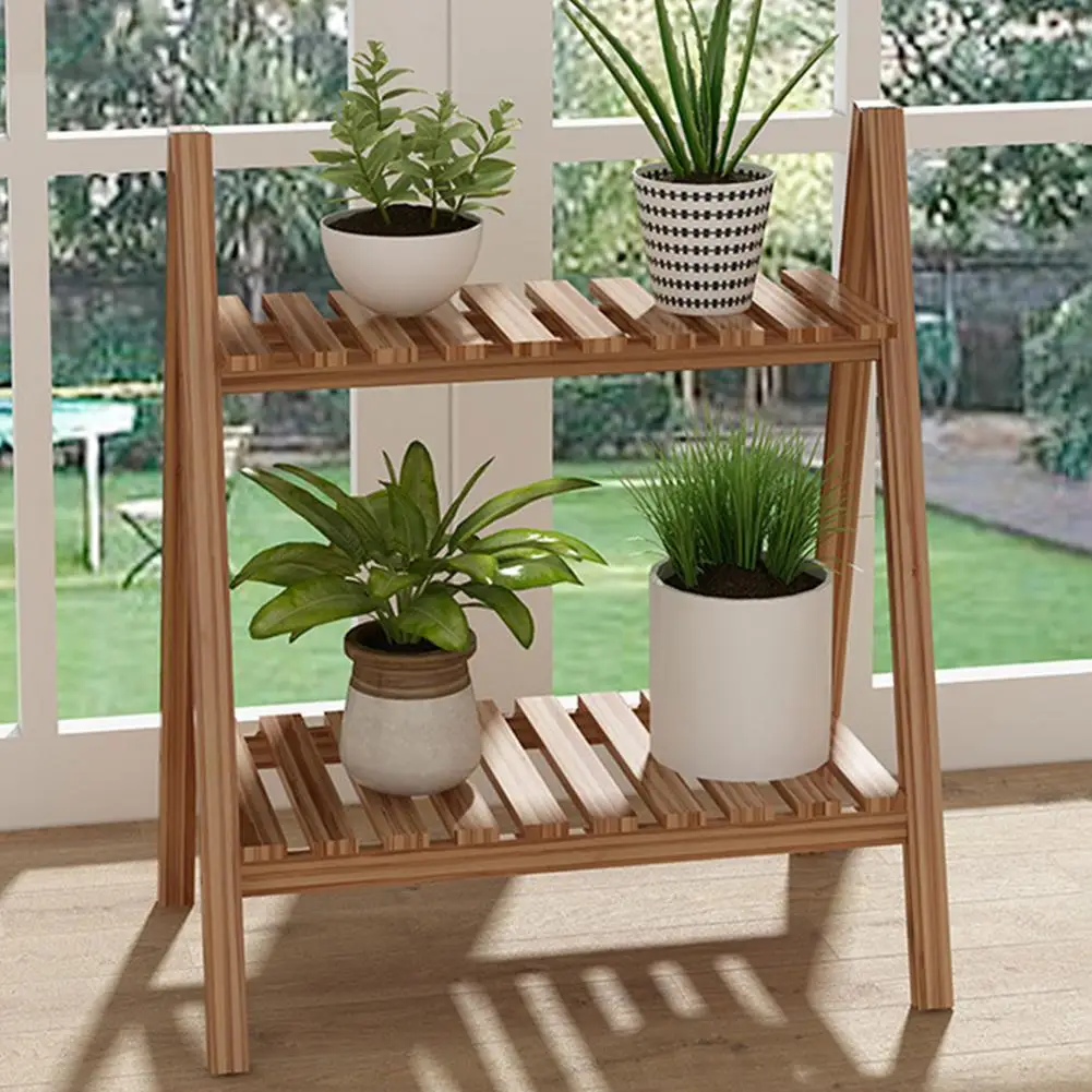 Foldable Durable Plant 2 Household Display Trapezoidal Tier Rack Stand Wooden Double-layer Rugged Flower Design Pot And Shelf