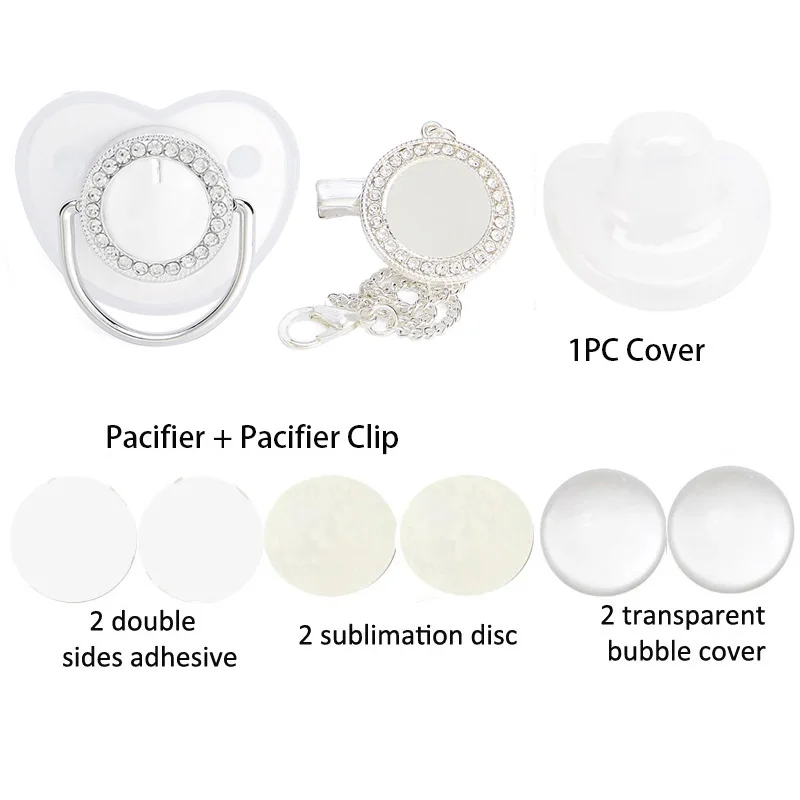 Zilverkleurige blanco babyfopspeen met kettingclip Cover Set Bling Strass siliconen fopspenen BPA-vrij pasgeboren douchecadeau