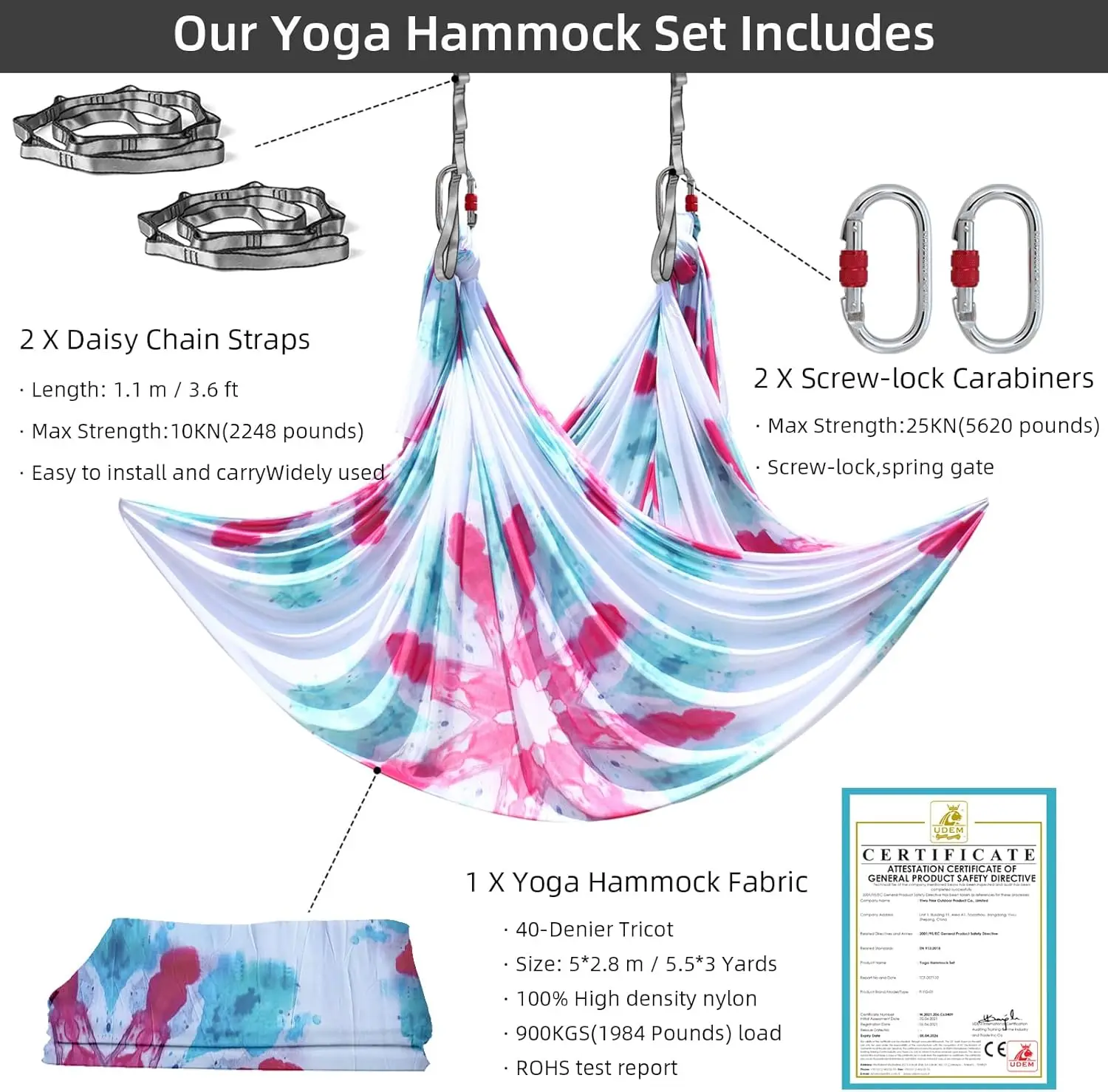 5.5 Yards Yoga Hammock Set Premium Low-Mid Stretch Nylon Tricot Silks Fabric Yoga Swing Kit for Home,Durable Aerial Silk