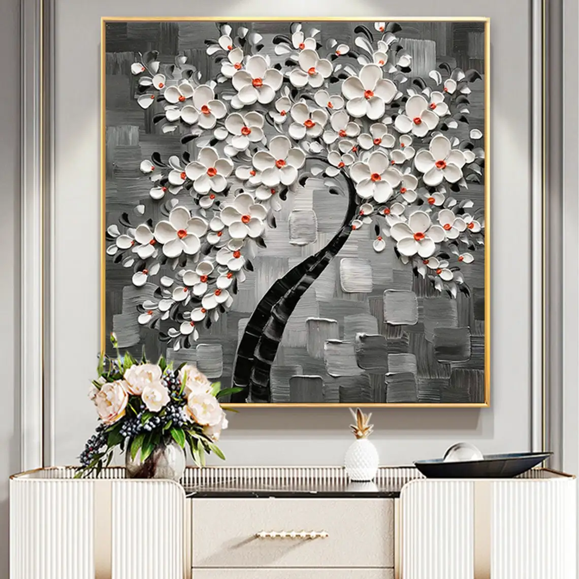 Large White Cherry Flower Oil Painting Hand Painted Canvas Abstract Textured Floral landscape Modern Living Room Wall Tree Art