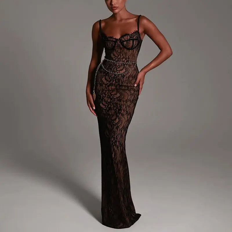 

Women Strap Dress 2026 New Women Lace Spaghetti Strap Dress Elegant Slim Fit See-through Long Party Evening Gown Dress