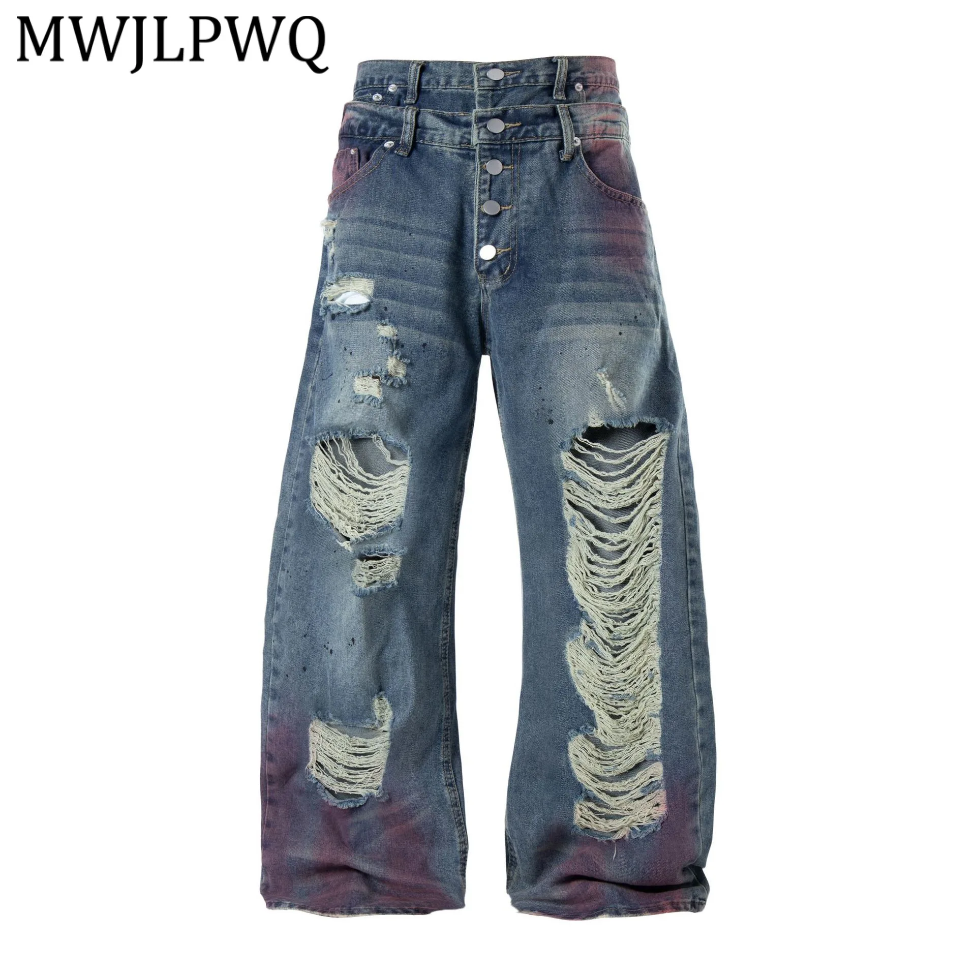 

Джинсы унисекс в американском стиле с эффектом брызг краски и рваными элементами, широкие брюки с эффектом потертости, уличный дизайн, весна 2026, модель 14576