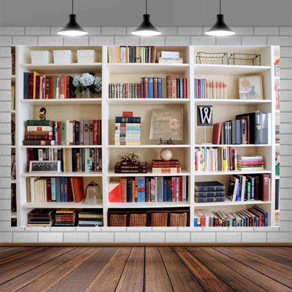 Home Office Zoom Background - White Bookshelf Photography Backdrop Bookcase Banner