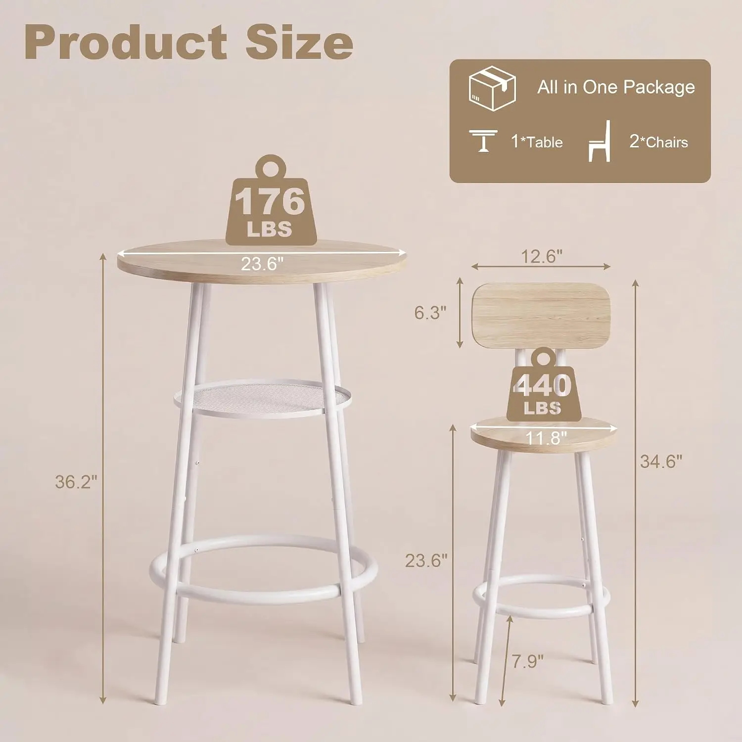 Round Bar Table and Chair Set for 2, 3 Piece, White Oak, Customized