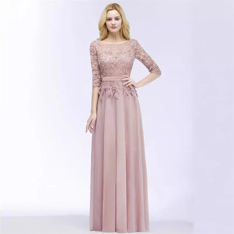 A Line Chiffon Pearls Sashes 3/4 Sleeve Elegant Off Shoulder Bridesmaid Dresses Wedding Party Evening Formal Prom Zipper Back