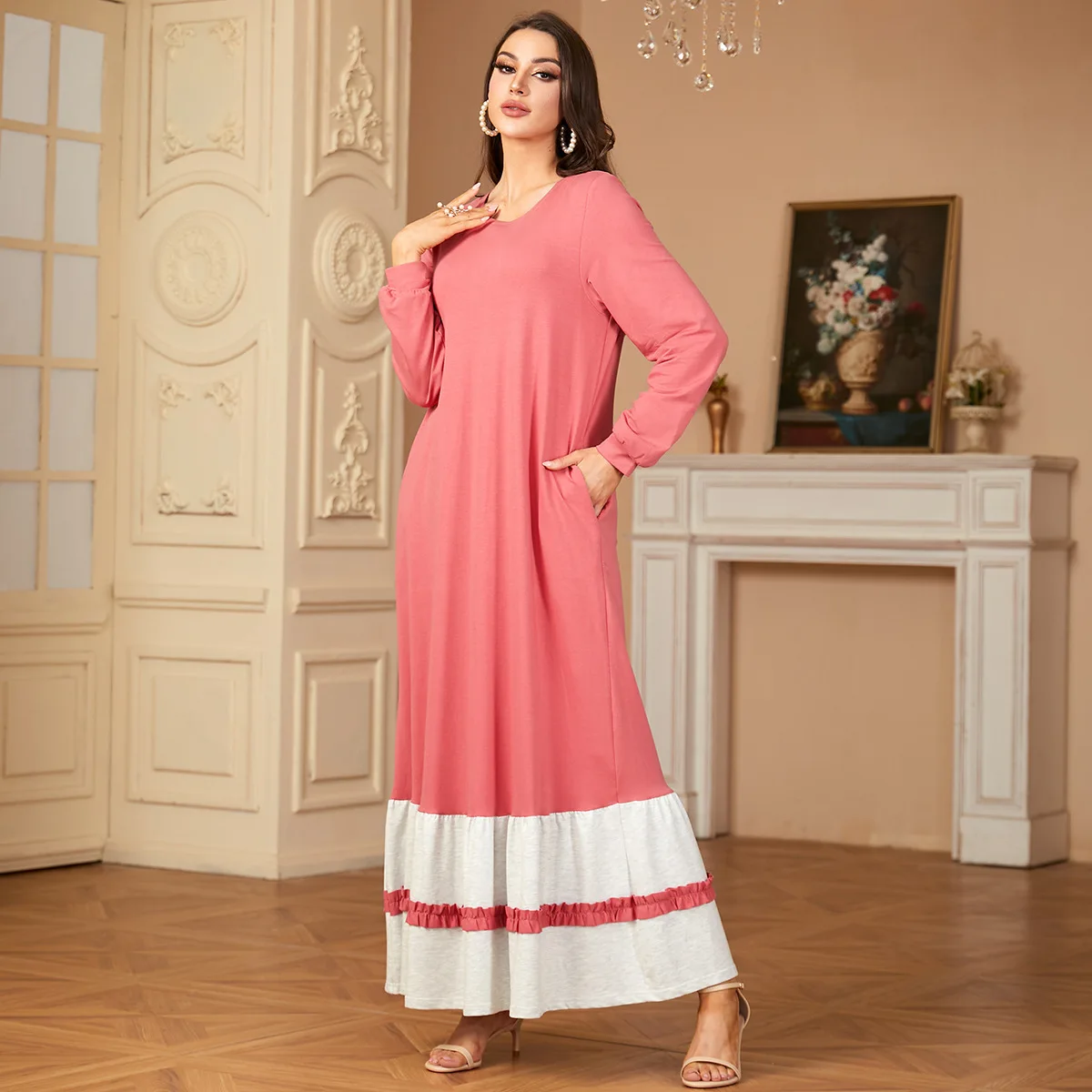 9286 round neck long sleeved Muslim women's elegant Dubai long skirt Arabian hoodie dress