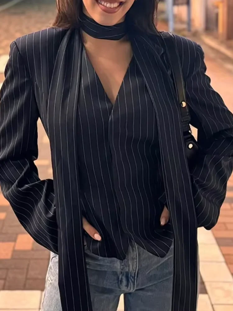 

V-neck Striped Ribbon Blazer Women's Elegant Full Sleeve Lapel Scarf Cinched Waist Coat Jacket 2025 Spring Office Lady Outfits