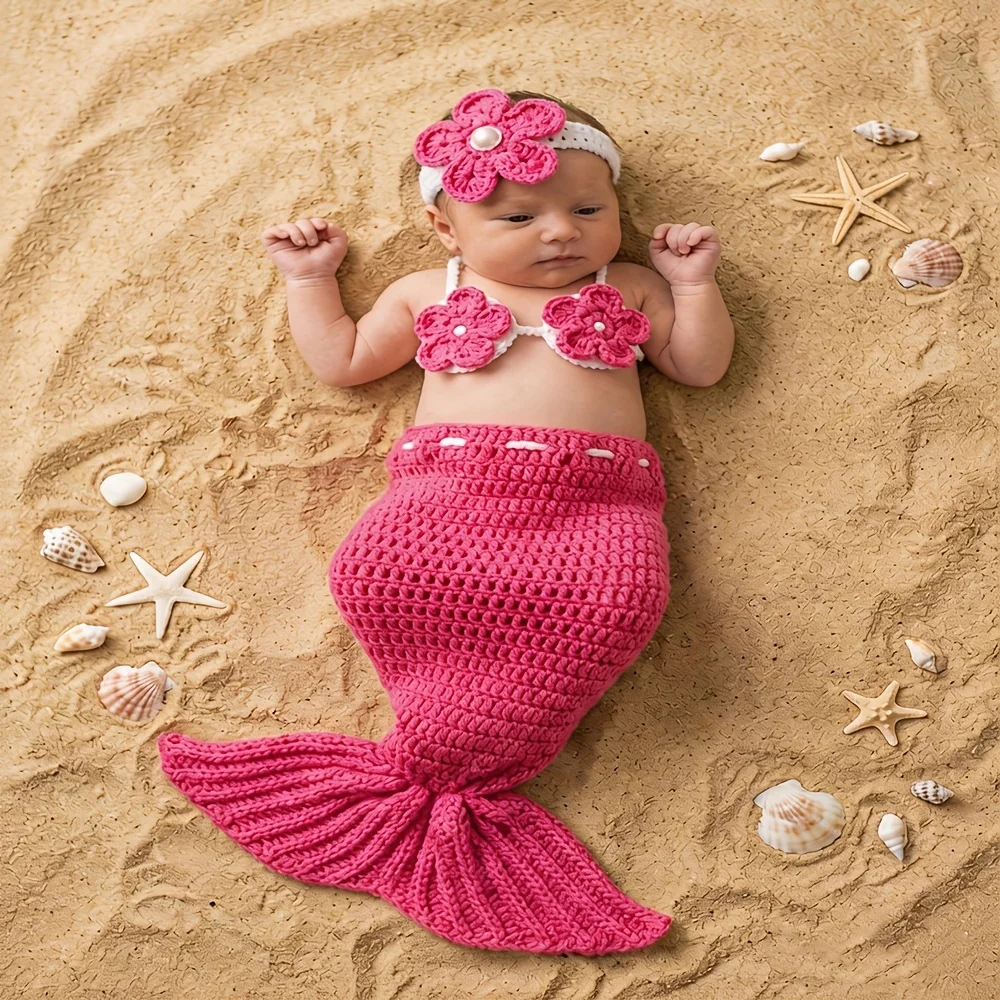 3pcs Mermaid Beach Skirt Set, Newborn Photography Prop with Soft Knit Tail Skirt and Pearl-Embellished Flower Headband